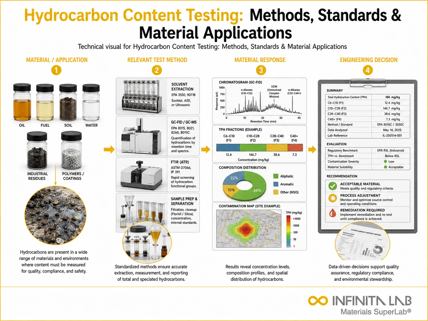Infinita Engineering Visual showing Hydrocarbon Content Testing general testing / industry guide workflow for hydrocarbon content testing: methods, standards & material applications.