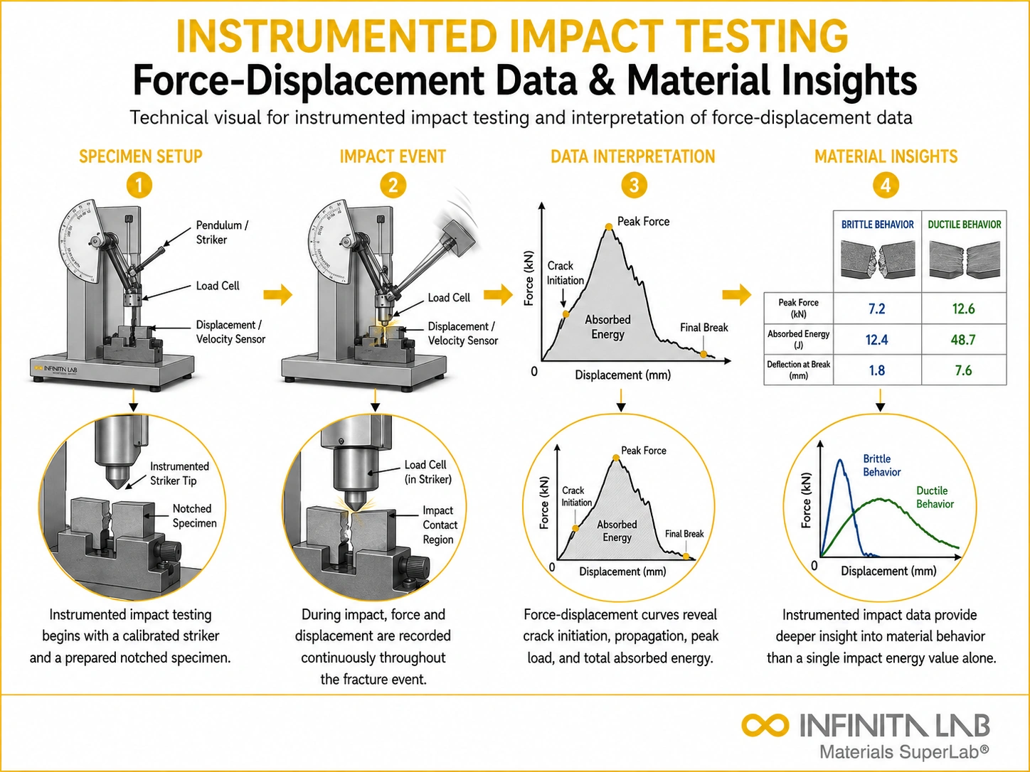 Infinita Engineering Visual showing Instrumented Impact Testing impact testing workflow for instrumented impact testing: force-displacement data & material insights.