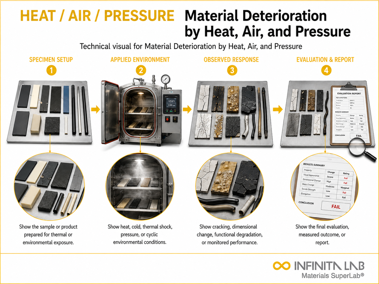 Infinita Engineering Visual showing Material Deterioration by Heat, Air, and Pressure environmental / thermal exposure workflow.
