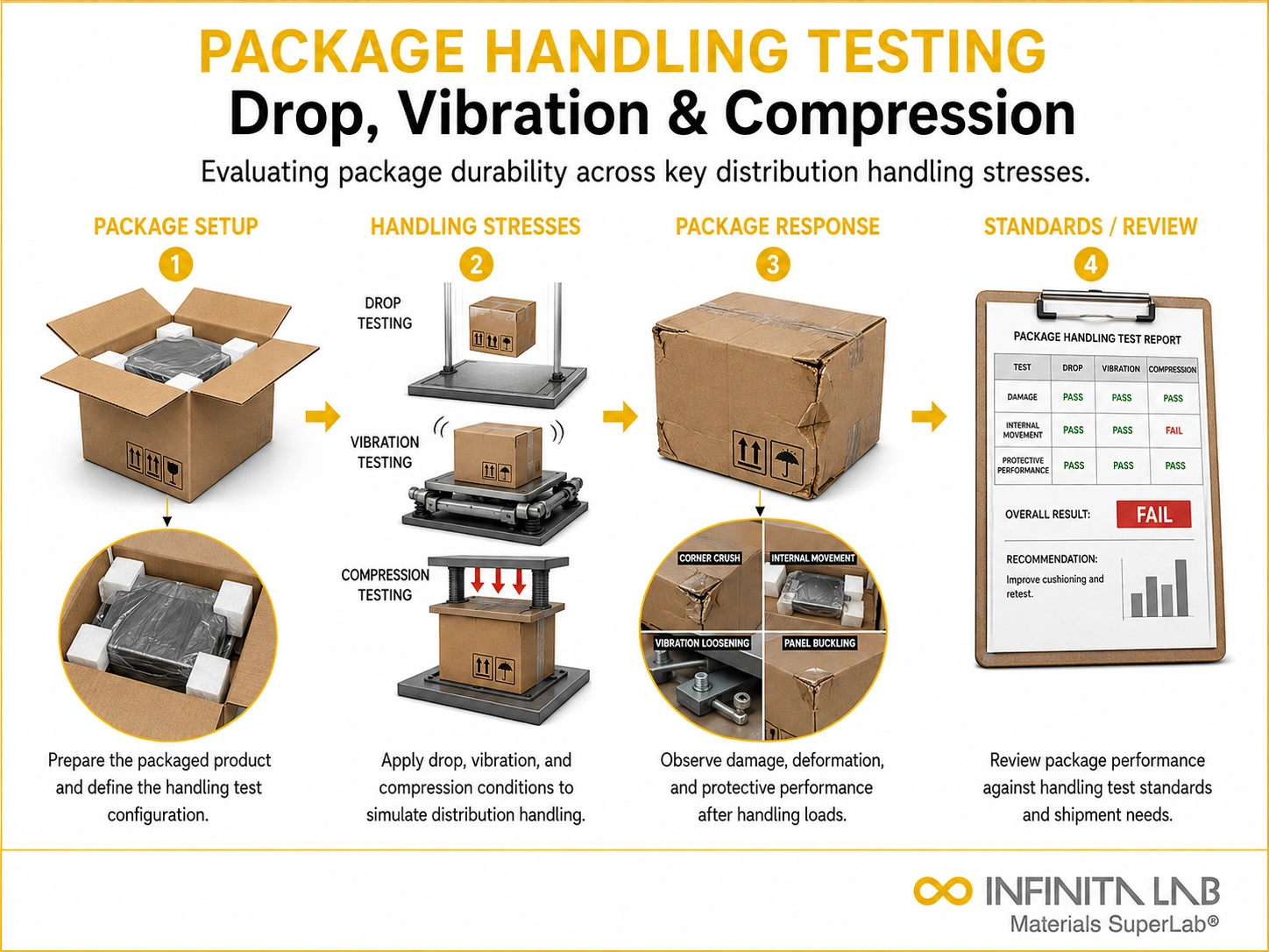 Infinita Engineering Visual showing Package Handling Testing transport / distribution simulation workflow for package handling testing: drop, vibration & compression standards.