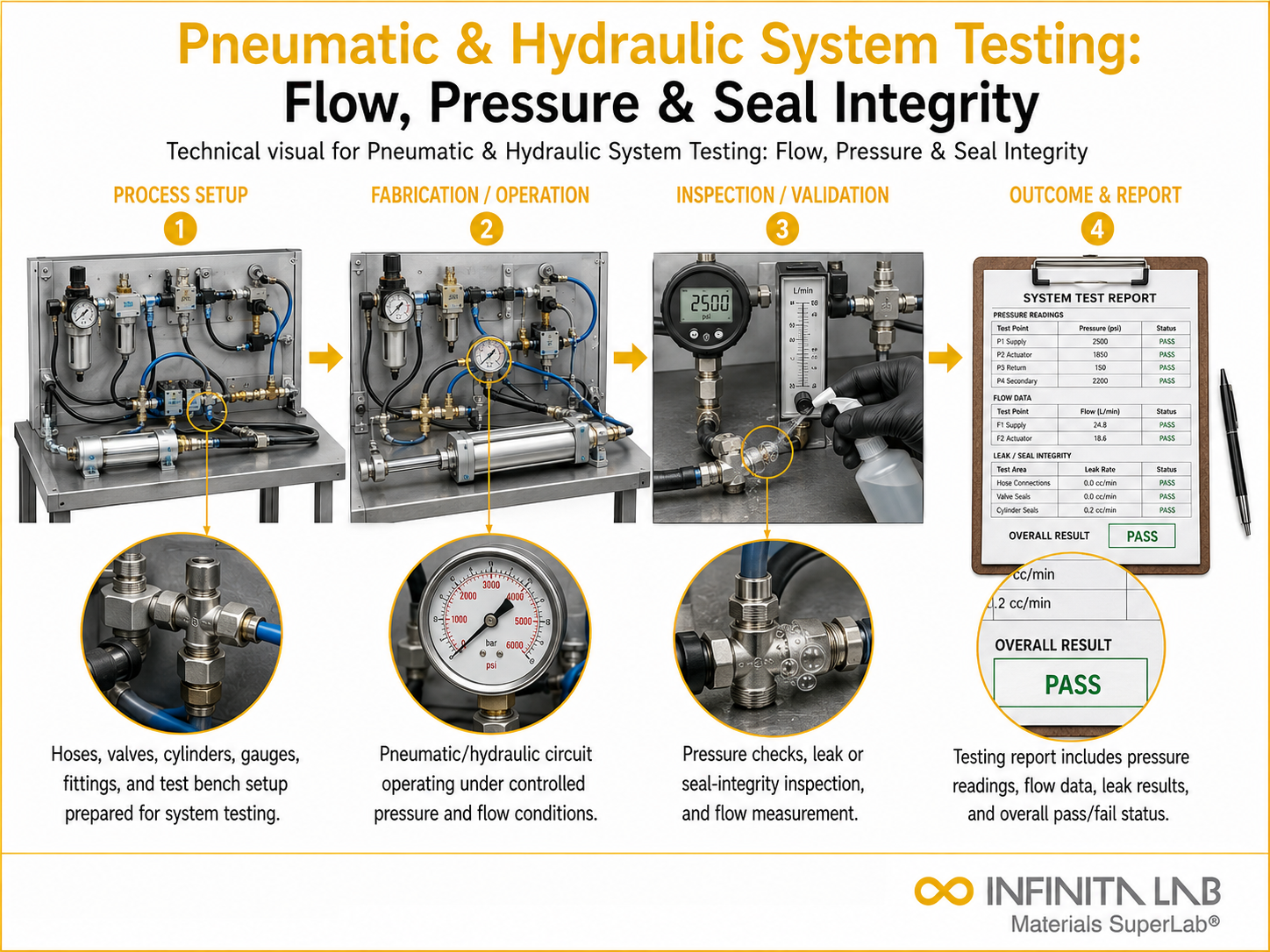 Infinita Engineering Visual showing Pneumatic & Hydraulic System Testing: Flow, Pressure & Seal Integrity manufacturing / fabrication / process workflow.