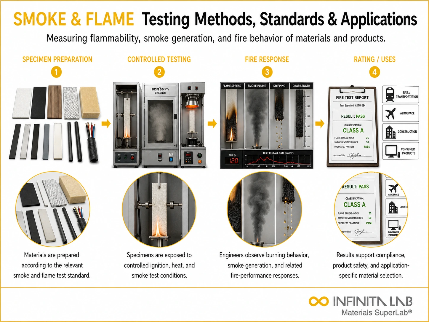 Infinita Engineering Visual showing Smoke Flame Testing fire / flammability / combustion workflow for smoke & flame testing: methods, standards & material applications.