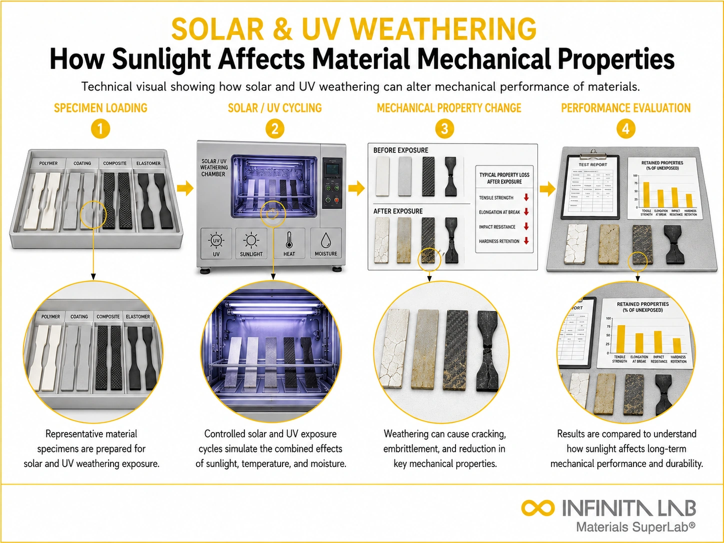 Infinita Engineering Visual showing Solar Uv Weathering uv / weathering exposure workflow for solar & uv weathering testing: how sunlight affects material mechanical properties.