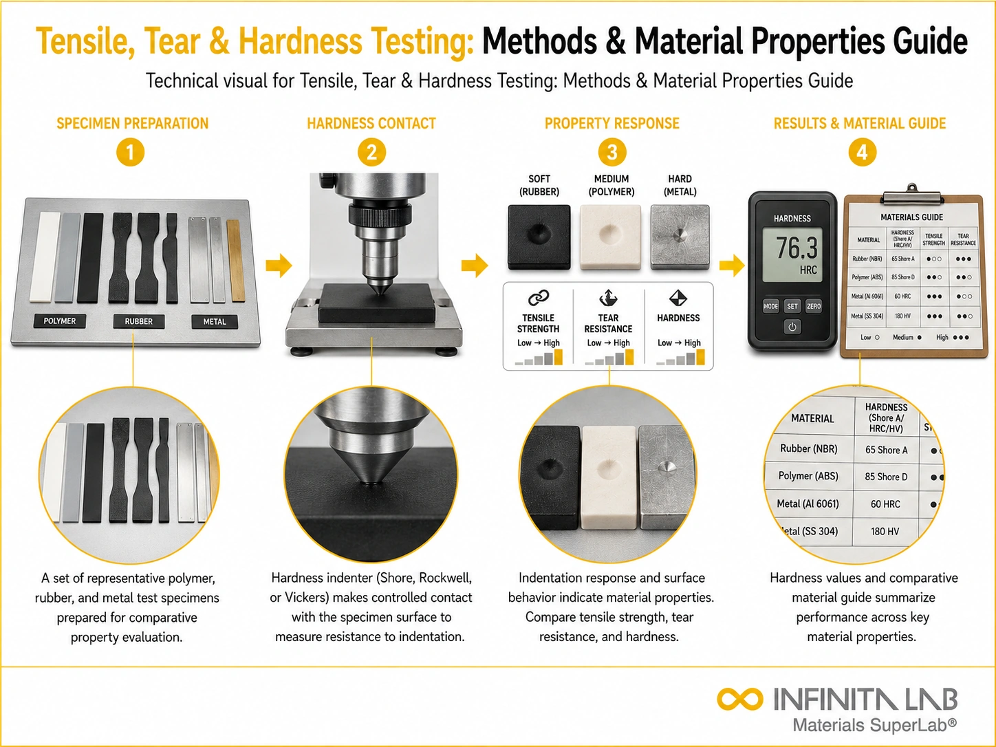 Infinita Engineering Visual showing Tensile Tear Hardness hardness / indentation workflow for tensile, tear & hardness testing: methods & material properties guide.