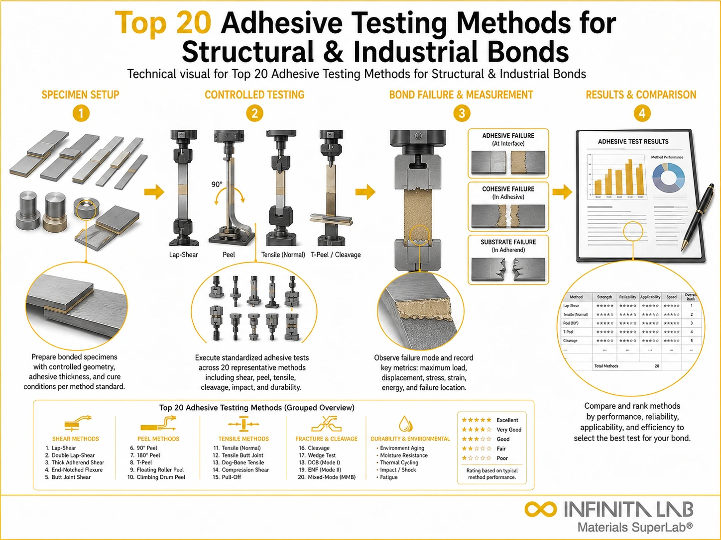 Infinita Engineering Visual showing Top 20 Adhesive combustible dust / loc / explosion workflow for top 20 adhesive testing methods for structural & industrial bonds.
