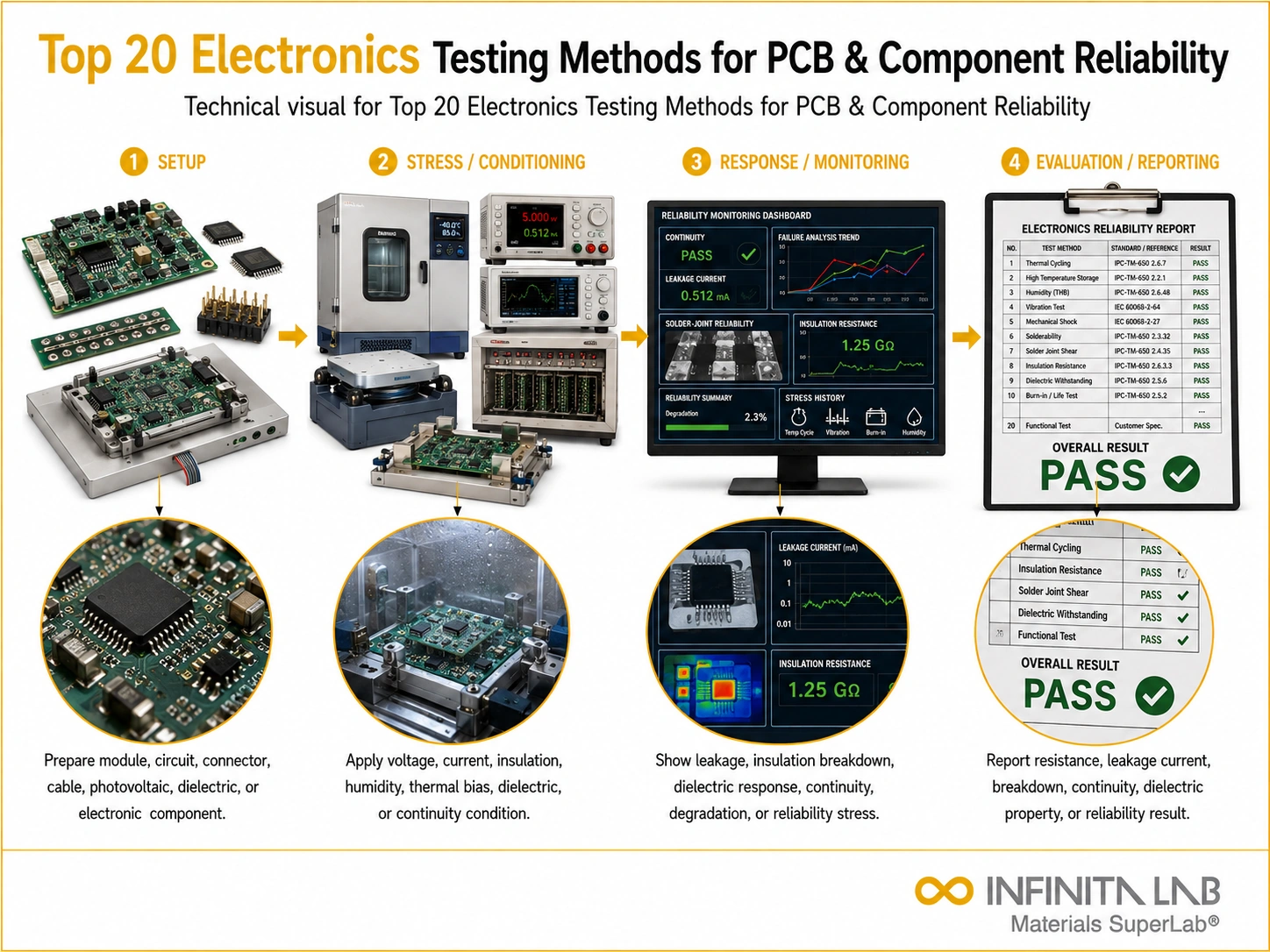 Infinita Engineering Visual showing Top 20 Electronics electronics reliability / thb workflow for top 20 electronics testing methods for pcb & component reliability.