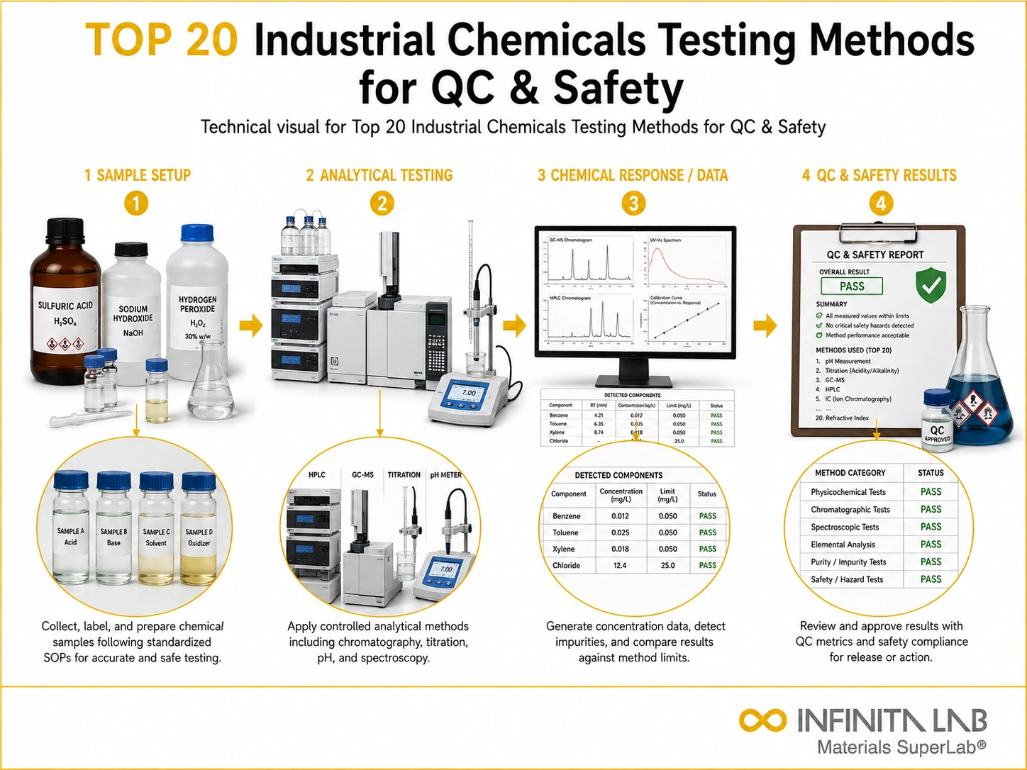 Infinita Engineering Visual showing Top 20 Industrial combustible dust / loc / explosion workflow for top 20 industrial chemicals testing methods for qc & safety.