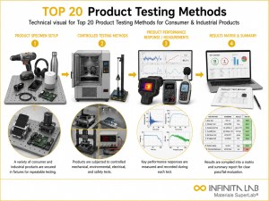 Infinita Engineering Visual showing Top 20 Product combustible dust / loc / explosion workflow for top 20 product testing methods for consumer & industrial products.
