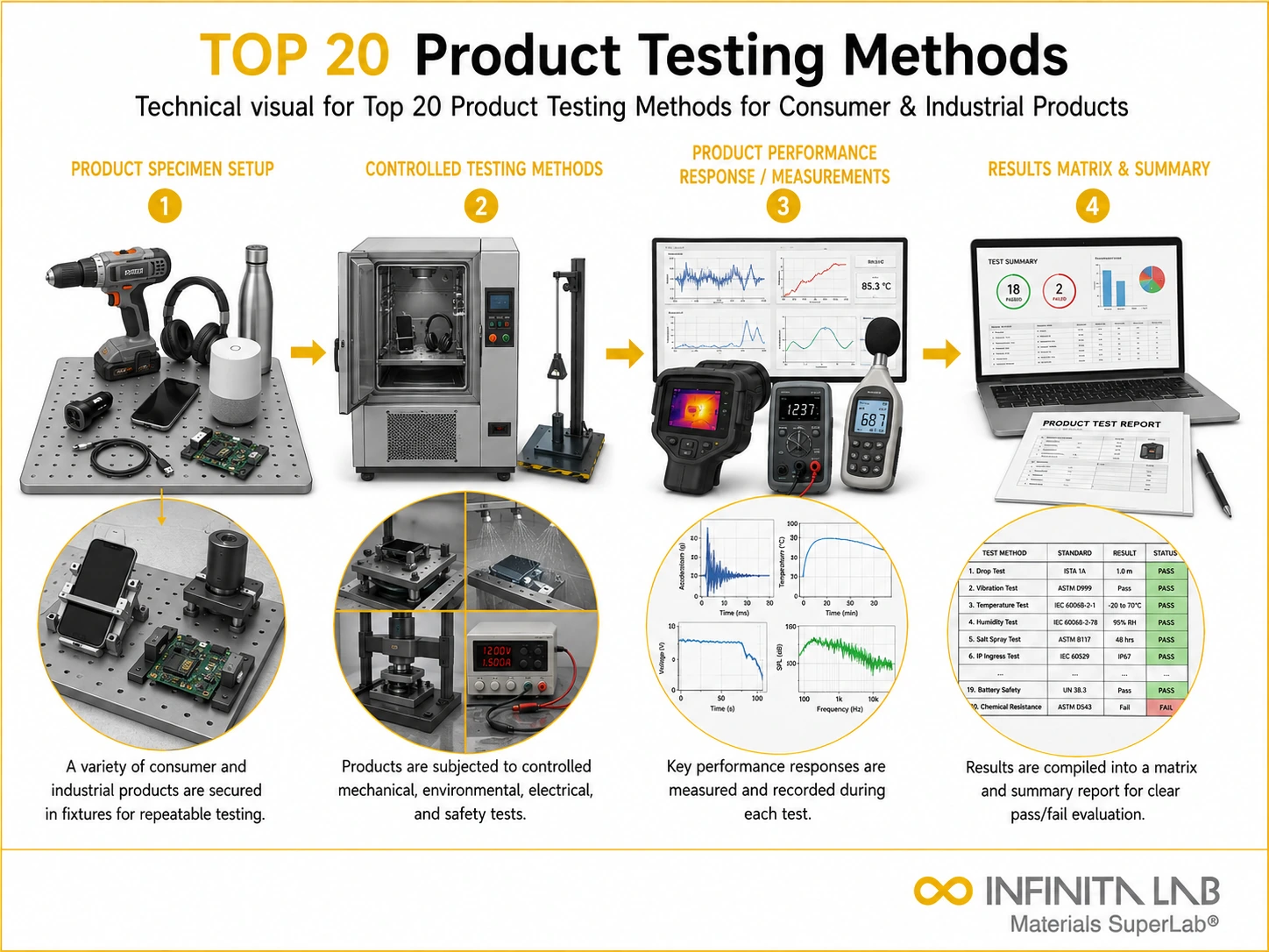Infinita Engineering Visual showing Top 20 Product combustible dust / loc / explosion workflow for top 20 product testing methods for consumer & industrial products.