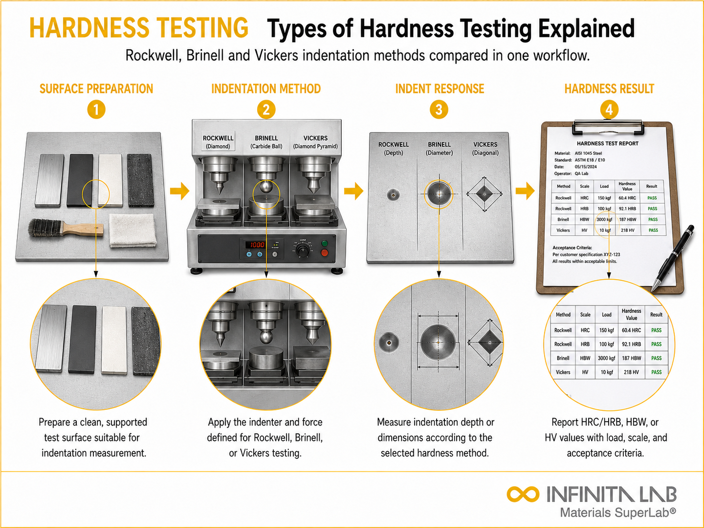 Infinita Engineering Visual showing Types of Hardness Testing Explained mechanical / structural testing workflow.