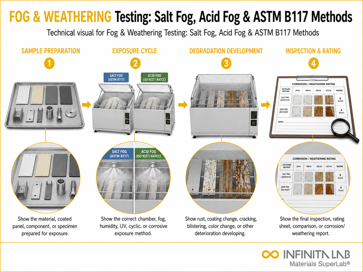 Infinita Engineering Visual showing Fog & Weathering Testing: Salt Fog, Acid Fog & ASTM B117 Methods corrosion / weathering / durability workflow.