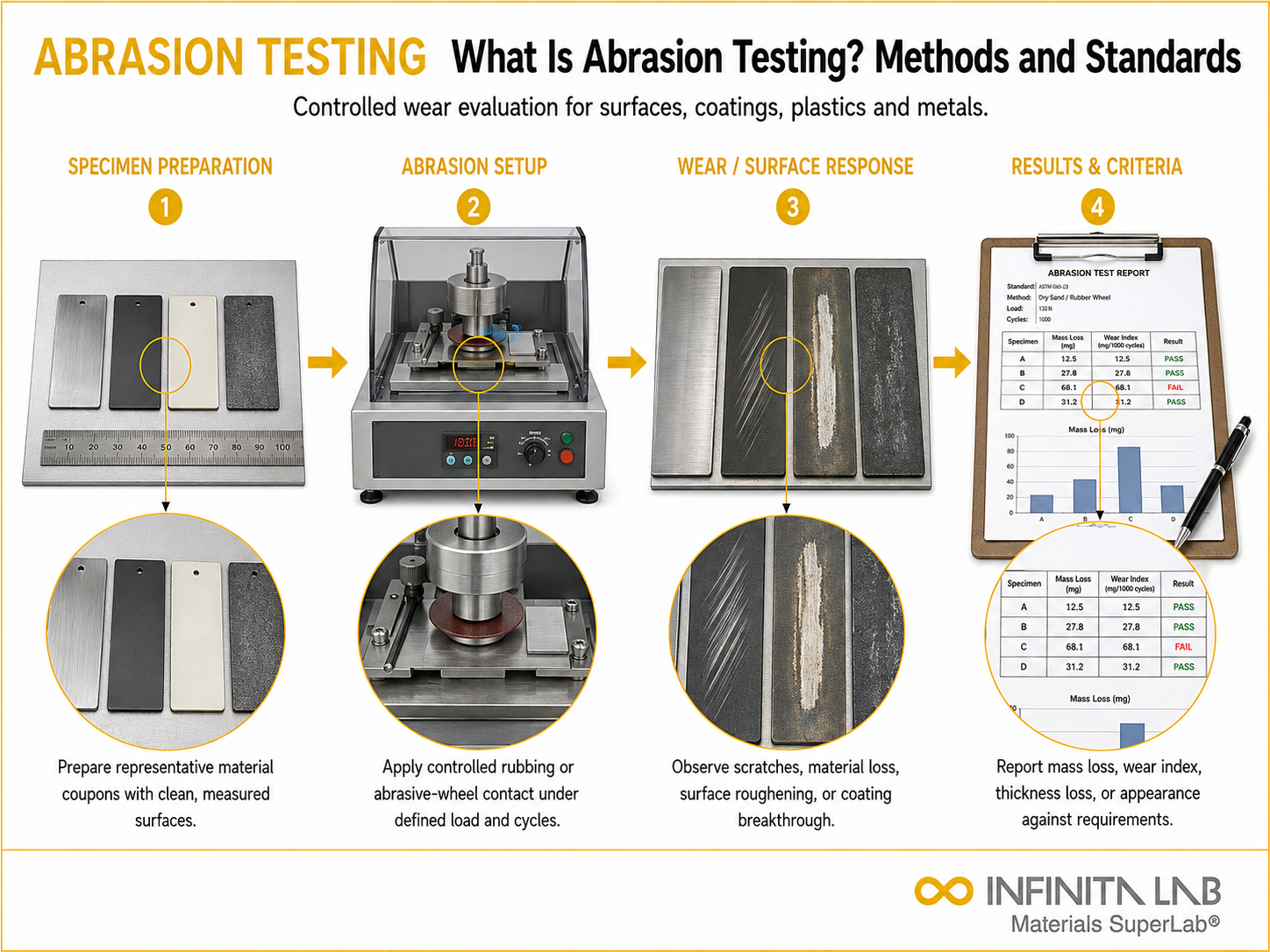 Infinita Engineering Visual showing What Is Abrasion Testing? Methods and Standards mechanical / structural testing workflow.