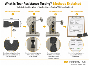 Infinita Engineering Visual showing What Is Tear Resistance Testing? Methods Explained mechanical / structural testing workflow.