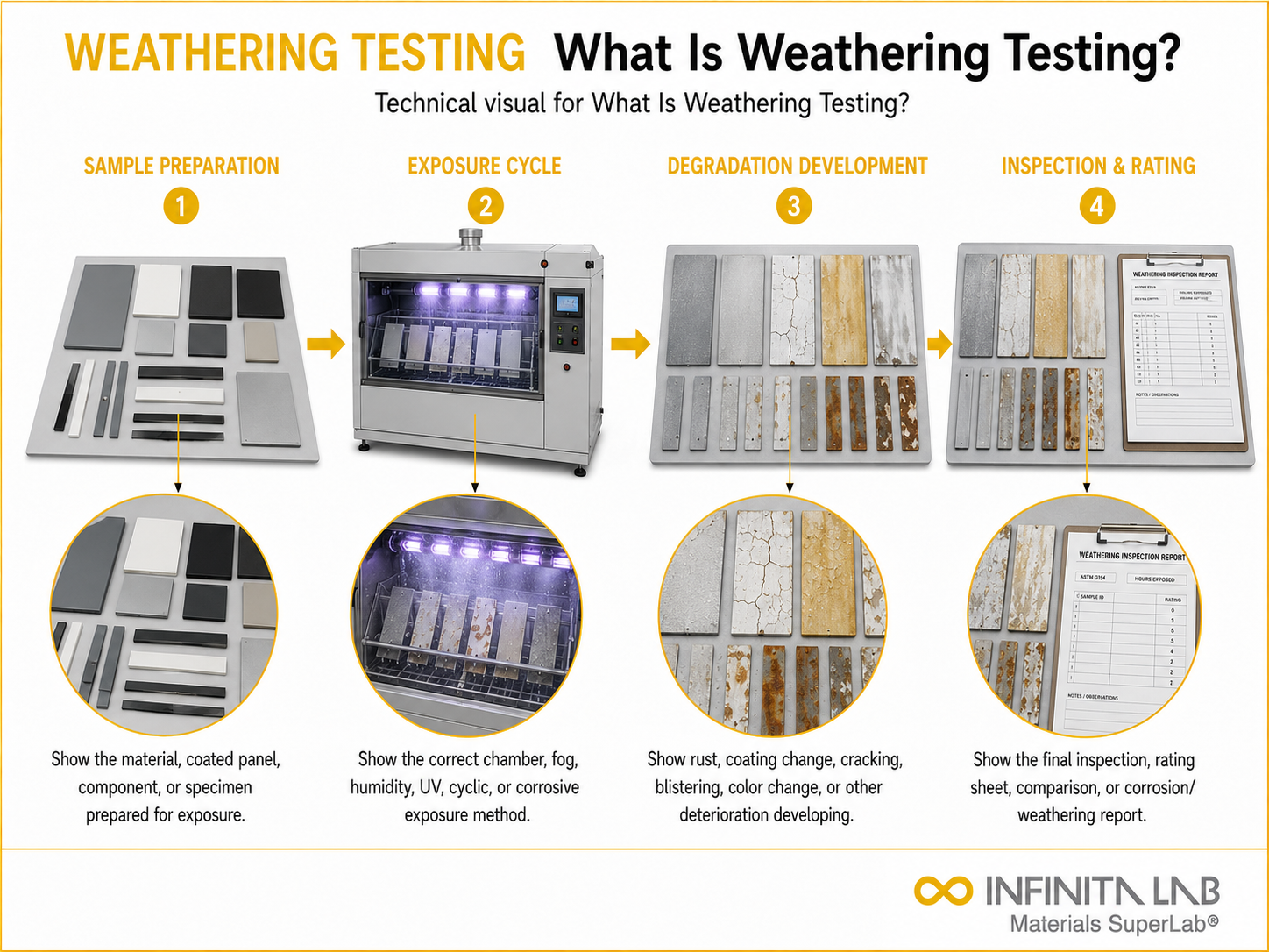 Infinita Engineering Visual showing What Is Weathering Testing? corrosion / weathering / durability workflow.