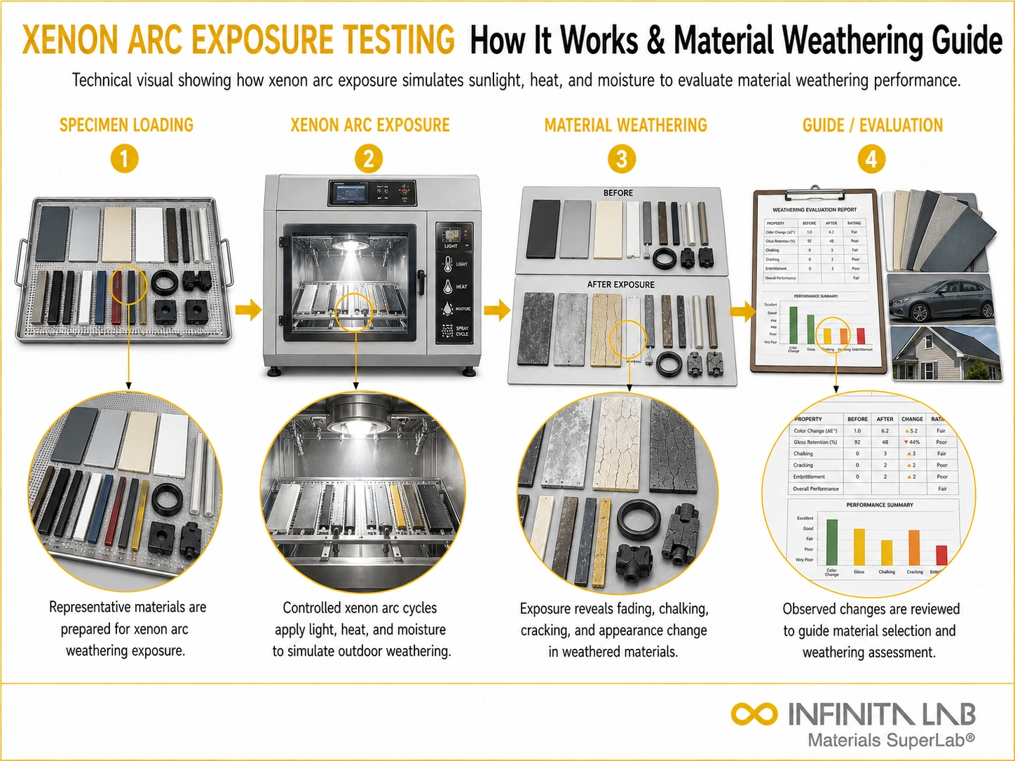 Infinita Engineering Visual showing Xenon Arc Exposure uv / weathering exposure workflow for xenon arc exposure testing: how it works & material weathering guide.