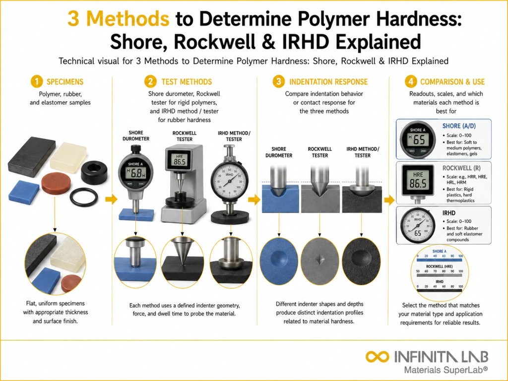 Infinita Engineering Visual showing 3 Methods To rubber / polymer hardness workflow for 3 methods to determine polymer hardness: shore, rockwell & irhd explained.