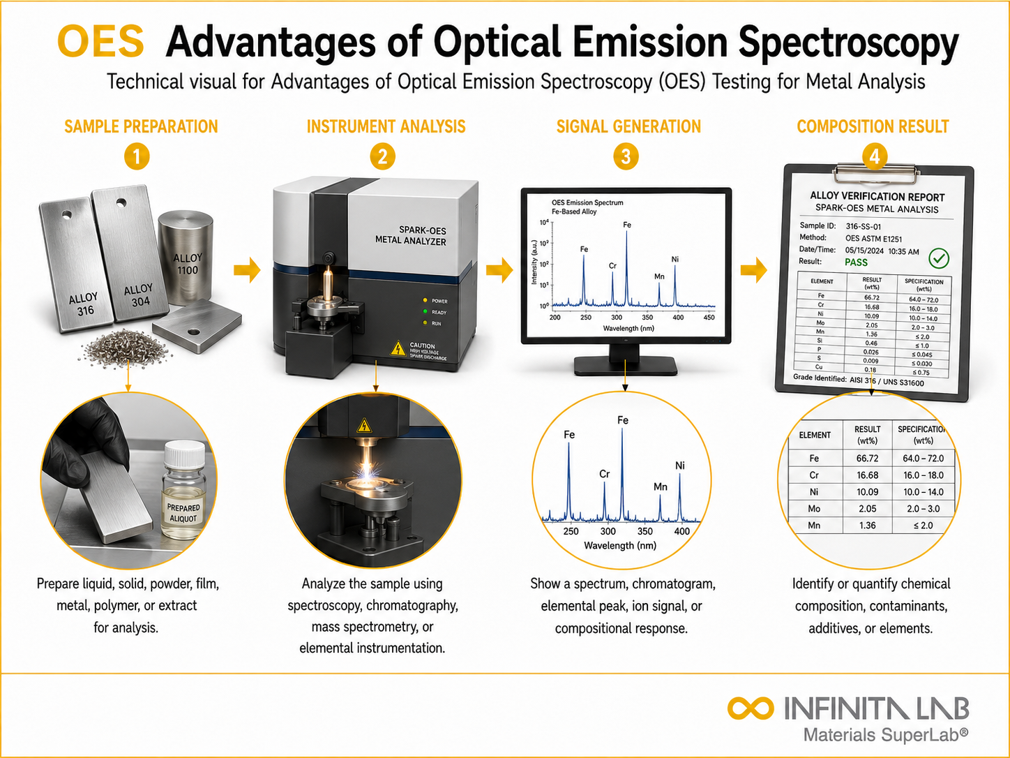 Infinita Engineering Visual showing Advantages Of Optical elemental / spectroscopic analysis workflow for advantages of optical emission spectroscopy (oes) testing for metal analysis.