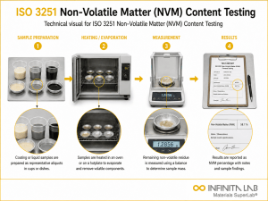 Infinita Engineering Visual showing ISO 3251 NON chemical composition / wet chemistry workflow for iso 3251 non-volatile matter (nvm) content testing.