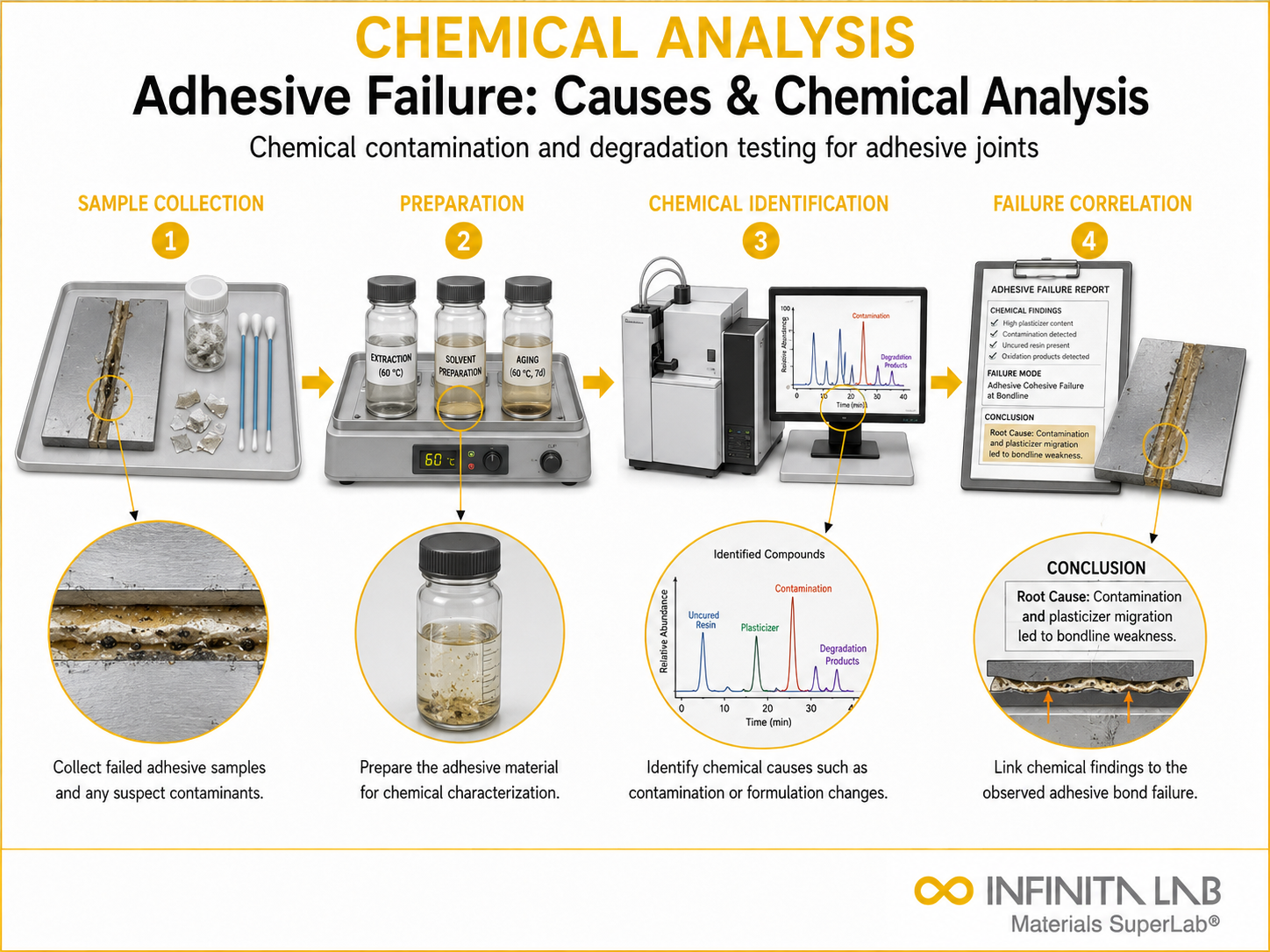 Infinita Engineering Visual showing Adhesive Failure Causes adhesive / bond strength workflow for adhesive failure: causes, modes & chemical analysis testing methods.