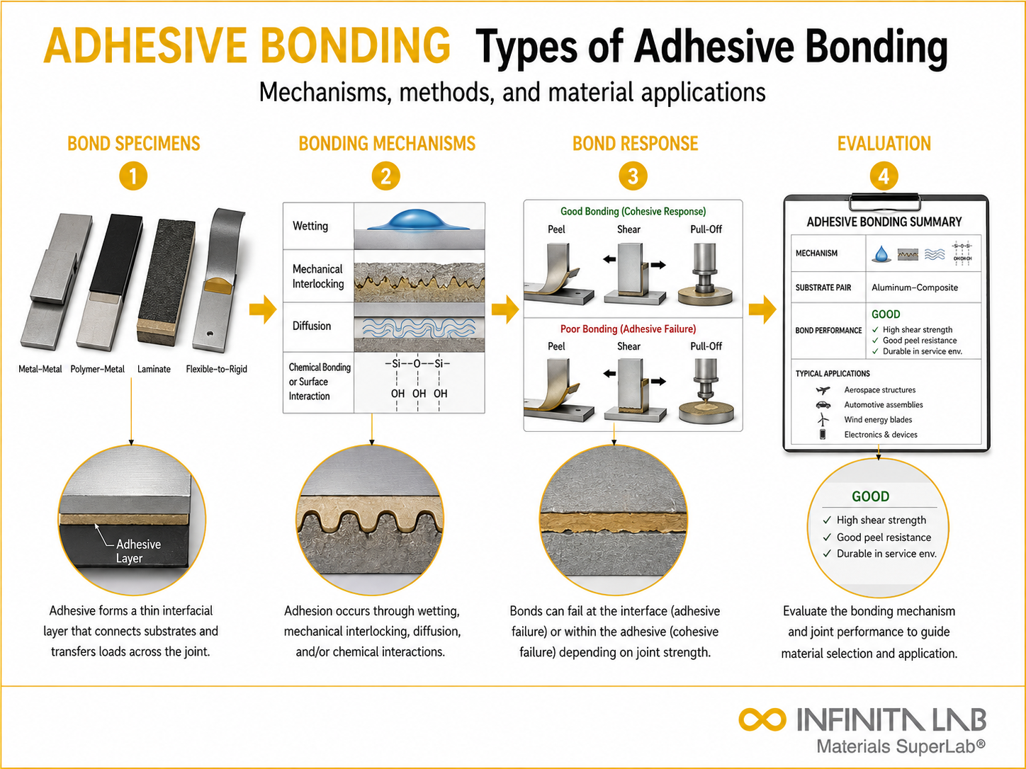 Infinita Engineering Visual showing Types Of Adhesive adhesive / bond strength workflow for types of adhesive bonding: mechanisms, methods & material applications.
