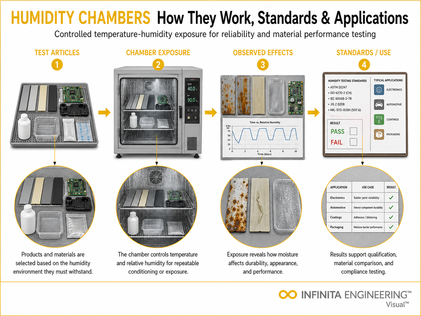 Infinita Engineering Visual showing Humidity Test Chambers general testing / industry guide workflow for humidity test chambers: how they work, standards & applications.