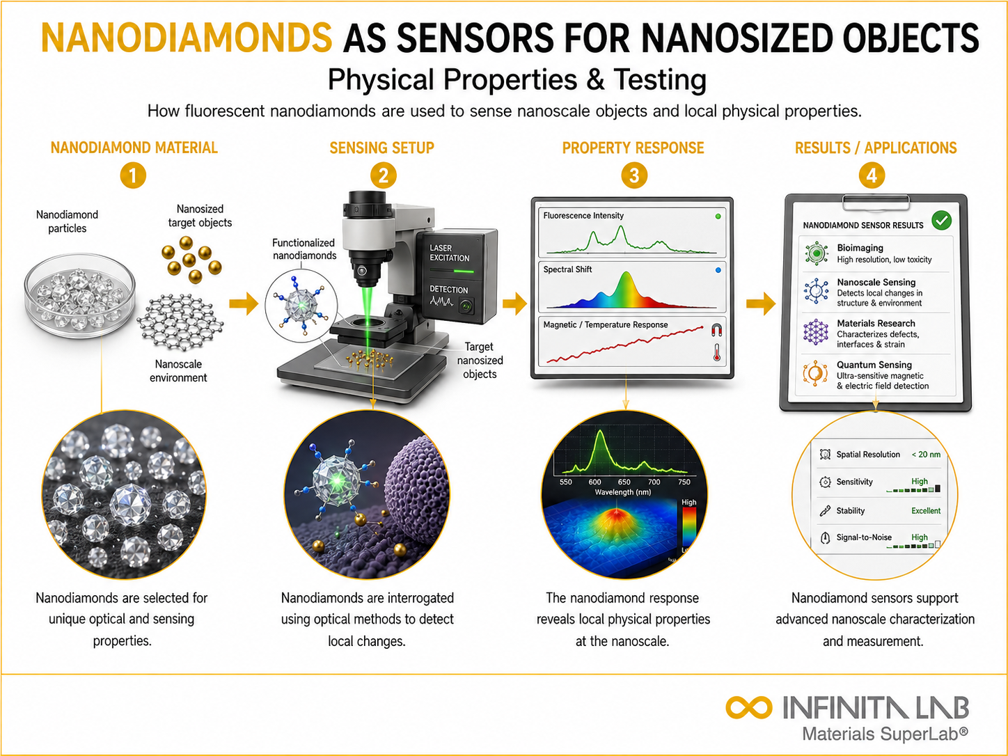 Infinita Engineering Visual showing Nanodiamonds As Sensors general testing / industry guide workflow for nanodiamonds as sensors for nanosized objects: physical properties & testing.