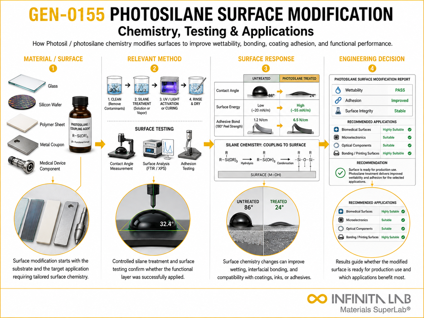 Infinita Engineering Visual showing Photosilane Photosil Surface general testing / industry guide workflow for photosilane (photosil) surface modification: chemistry, testing & applications.