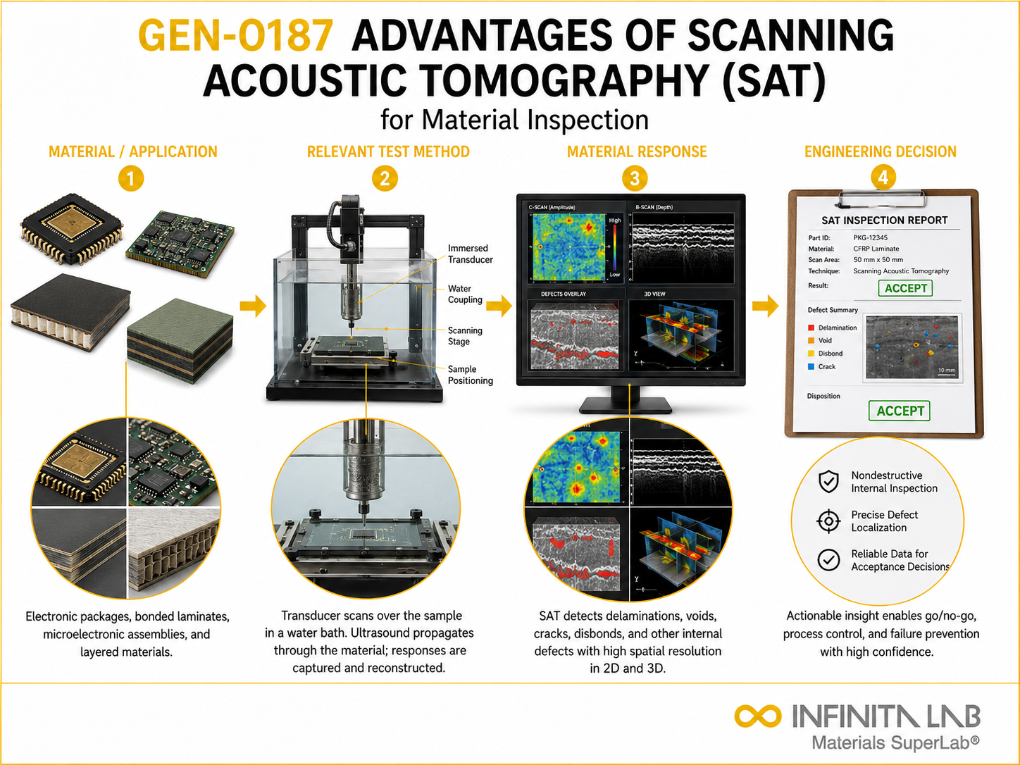 Infinita Engineering Visual showing Advantages Of Scanning general technical visual / needs light review workflow for advantages of scanning acoustic tomography (sat) for material inspection.