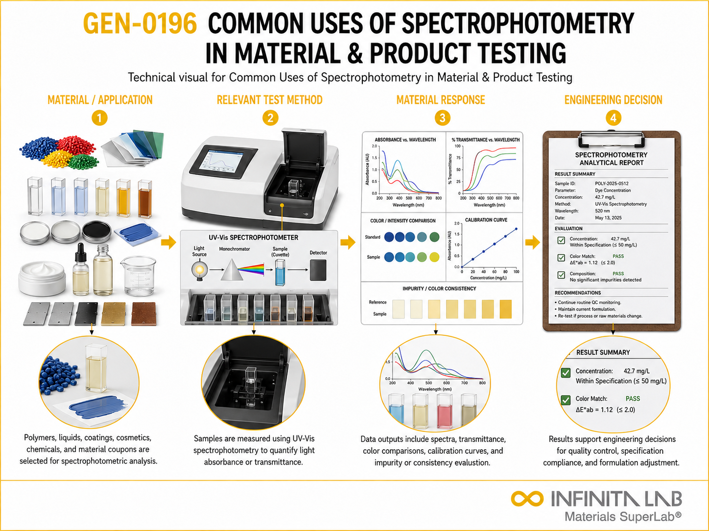 Infinita Engineering Visual showing Common Uses Of materials guide / specification / applications workflow for common uses of spectrophotometry in material & product testing.