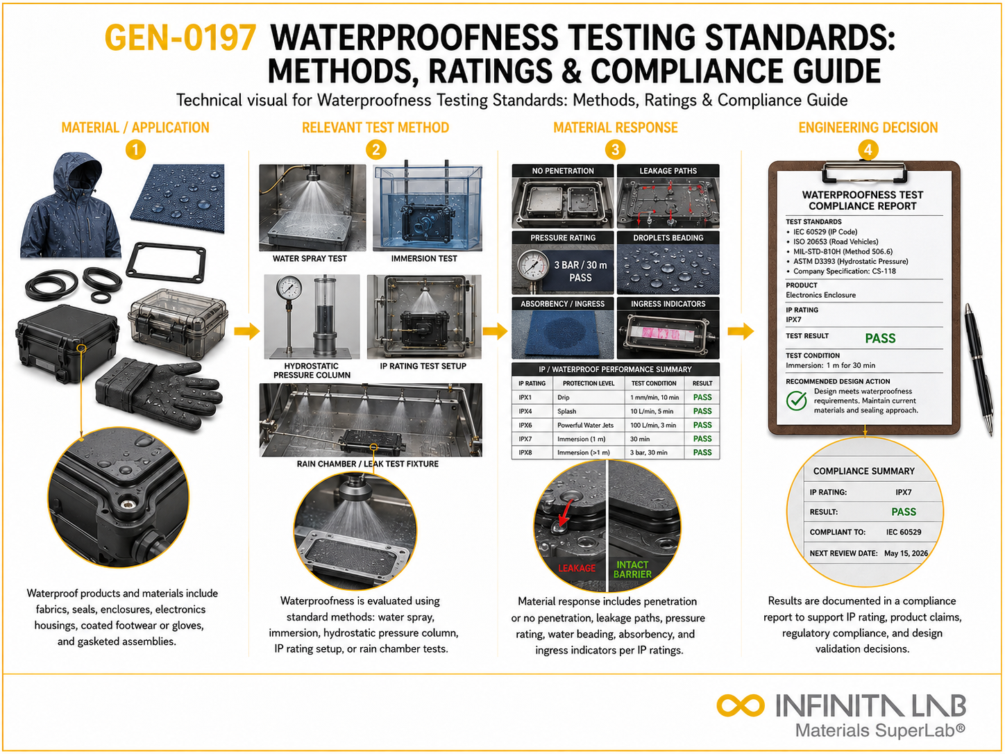 Infinita Engineering Visual showing Waterproofness Testing Standards general testing / industry guide workflow for waterproofness testing standards: methods, ratings & compliance guide.