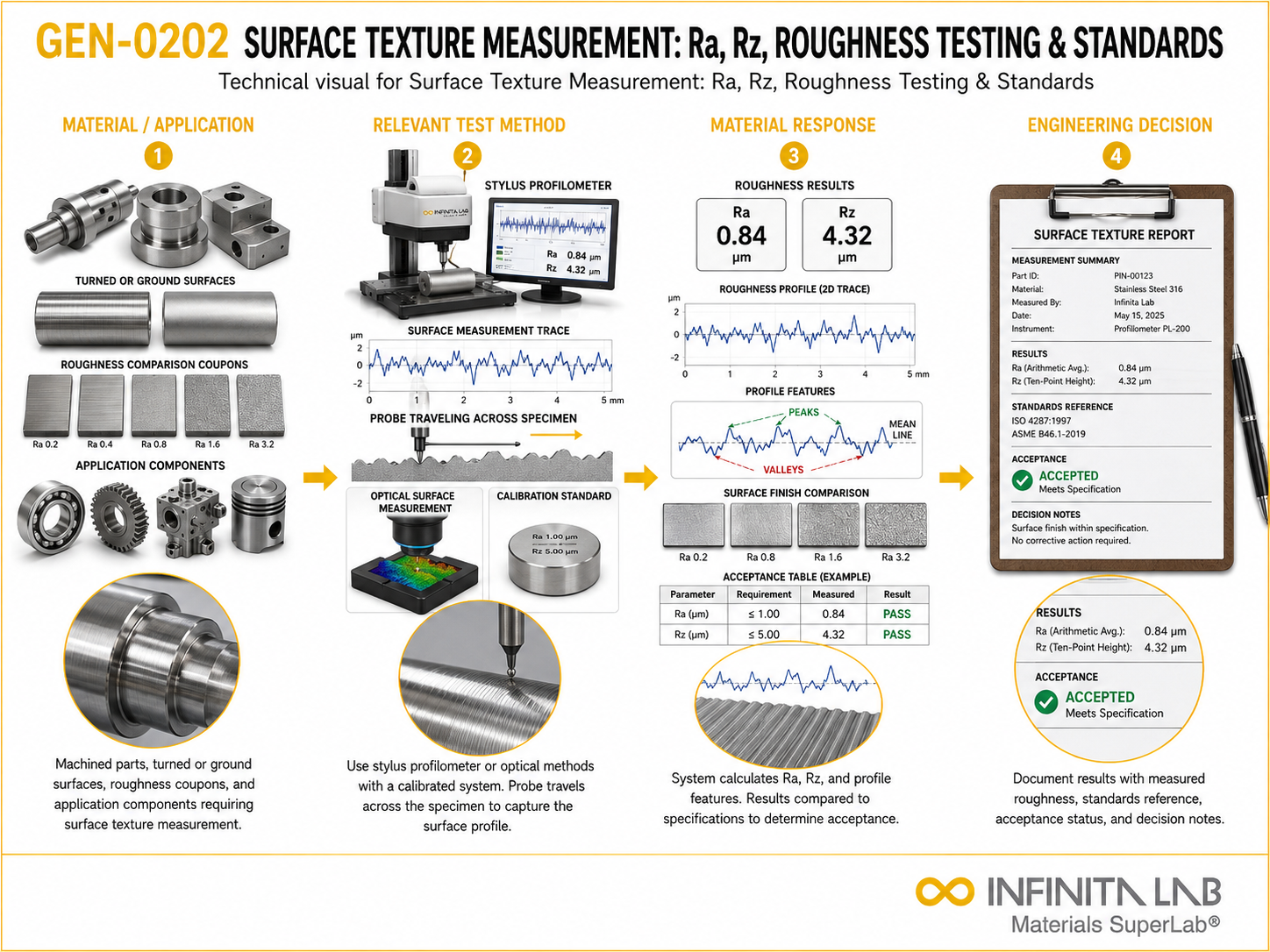Infinita Engineering Visual showing Surface Texture Measurement general testing / industry guide workflow for surface texture measurement: ra, rz, roughness testing & standards.
