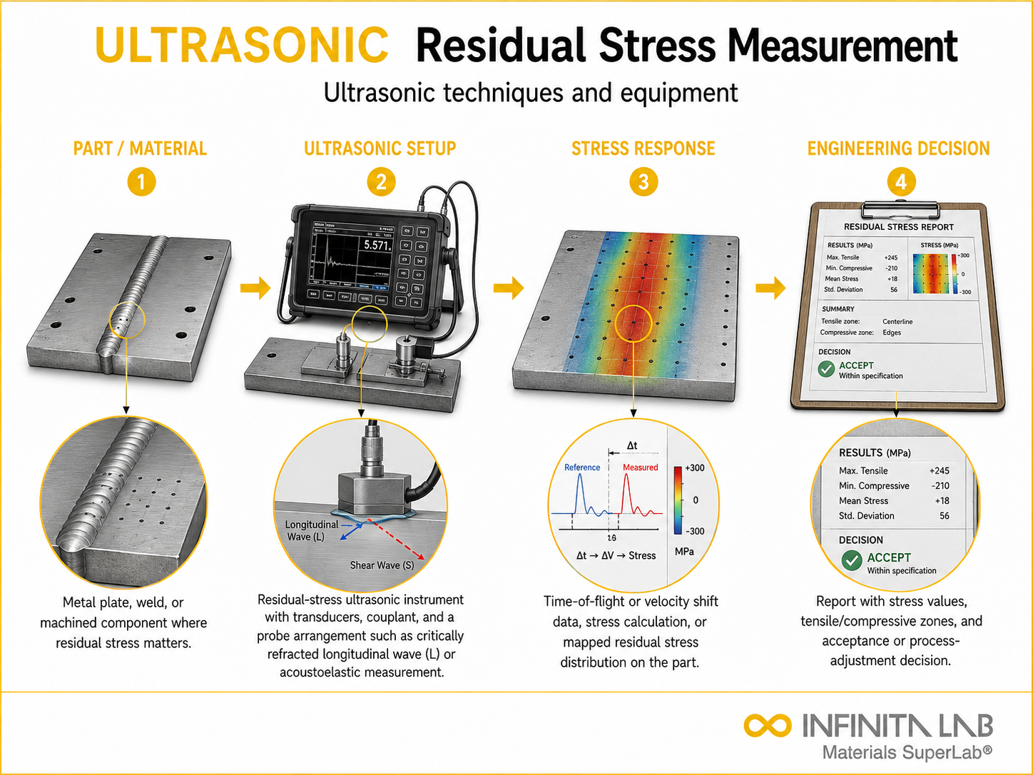 Infinita Engineering Visual showing Ultrasonic Techniques Equipment general testing / industry guide workflow for ultrasonic techniques & equipment for residual stress measurement.