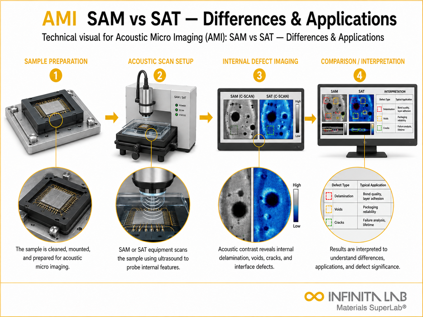Infinita Engineering Visual showing Acoustic Micro Imaging acoustic microscopy / sam / sat workflow for acoustic micro imaging (ami): sam vs sat — differences & applications.