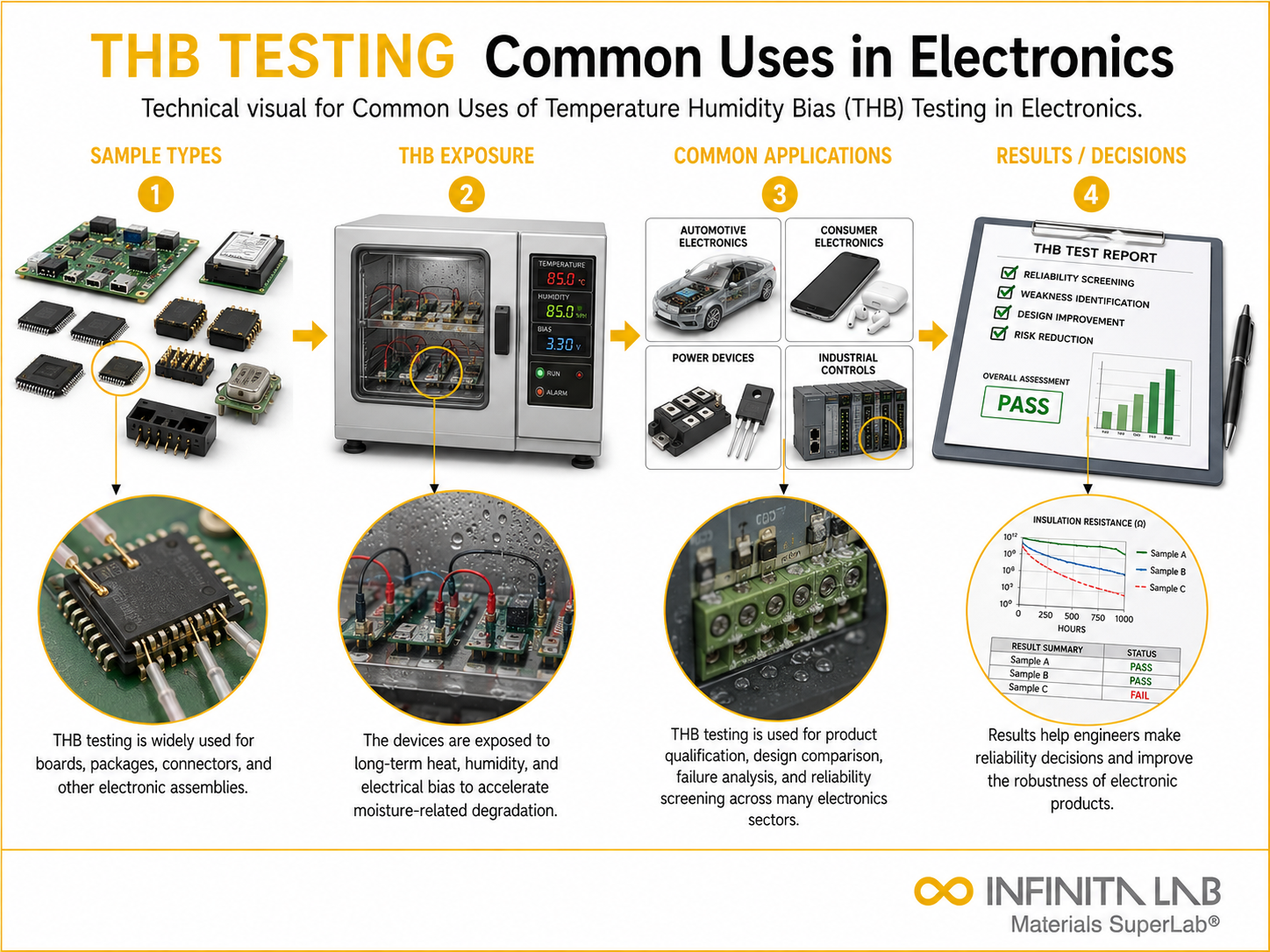 Infinita Engineering Visual showing Common Uses Of microscopy / imaging workflow for common uses of temperature humidity bias (thb) testing in electronics.