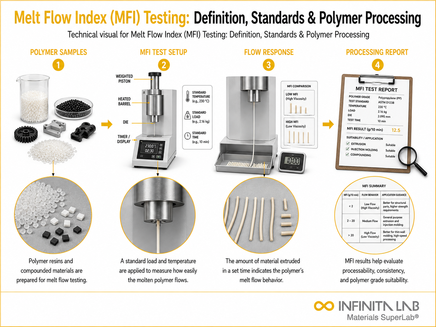 Infinita Engineering Visual showing Melt Flow Index polymer / plastics material properties workflow for melt flow index (mfi) testing: definition, standards & polymer processing.