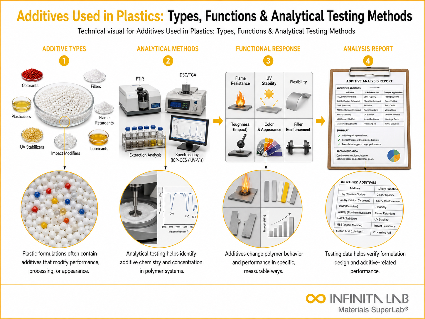 Infinita Engineering Visual showing Additives Used In polymer / plastics material properties workflow for additives used in plastics: types, functions & analytical testing methods.