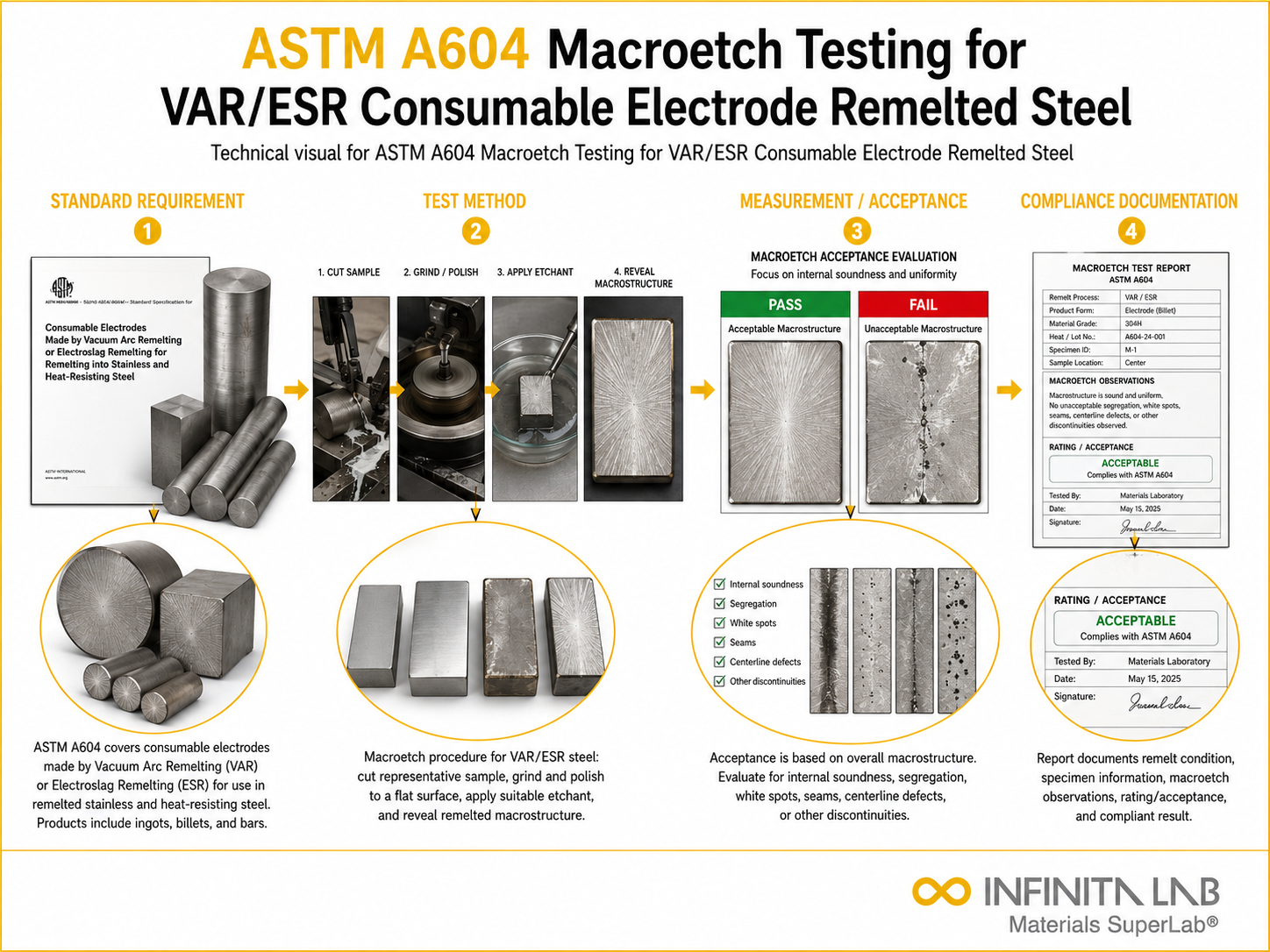 ASTM A604 Macroetch Testing for VAR/ESR Consumable Electrode Remelted Steel