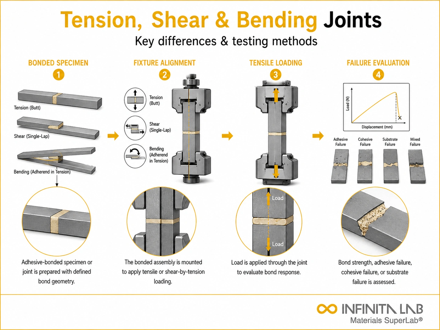Adhesive or bonded joint tensile testing visual for Tension, Shear & Bending Joints: Key Differences & Testing Methods, showing bonded specimen loading and failure mode evaluation.
