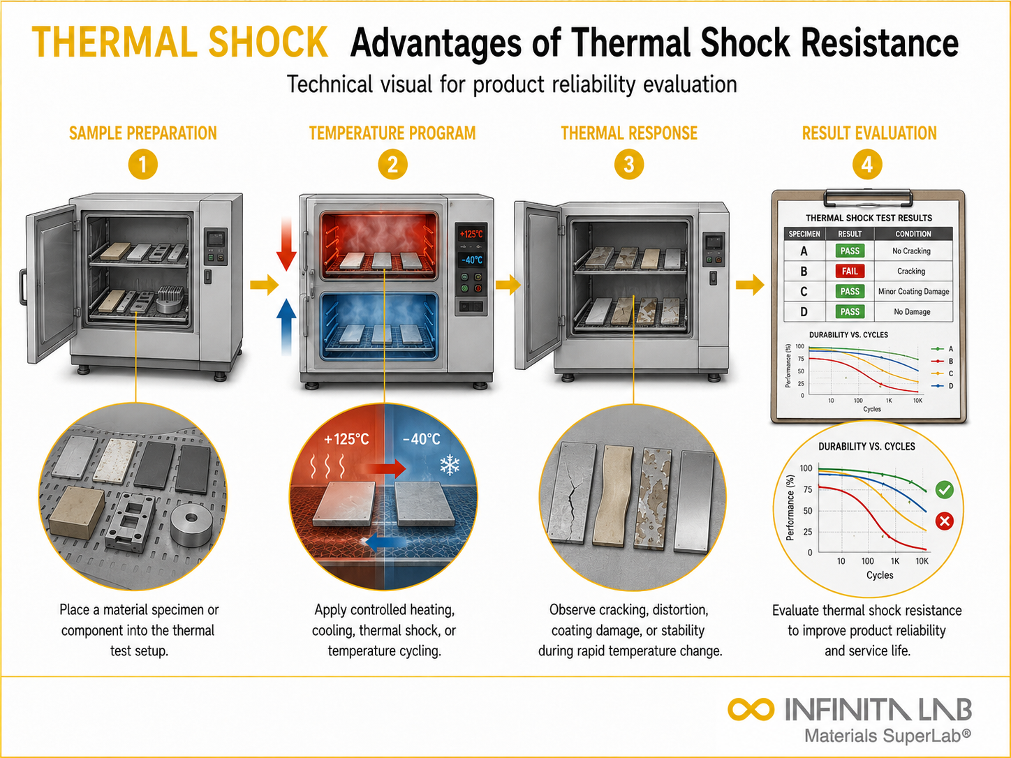 Infinita Engineering Visual showing Advantages Of Thermal thermal shock / cycling workflow for advantages of thermal shock resistance testing for product reliability.