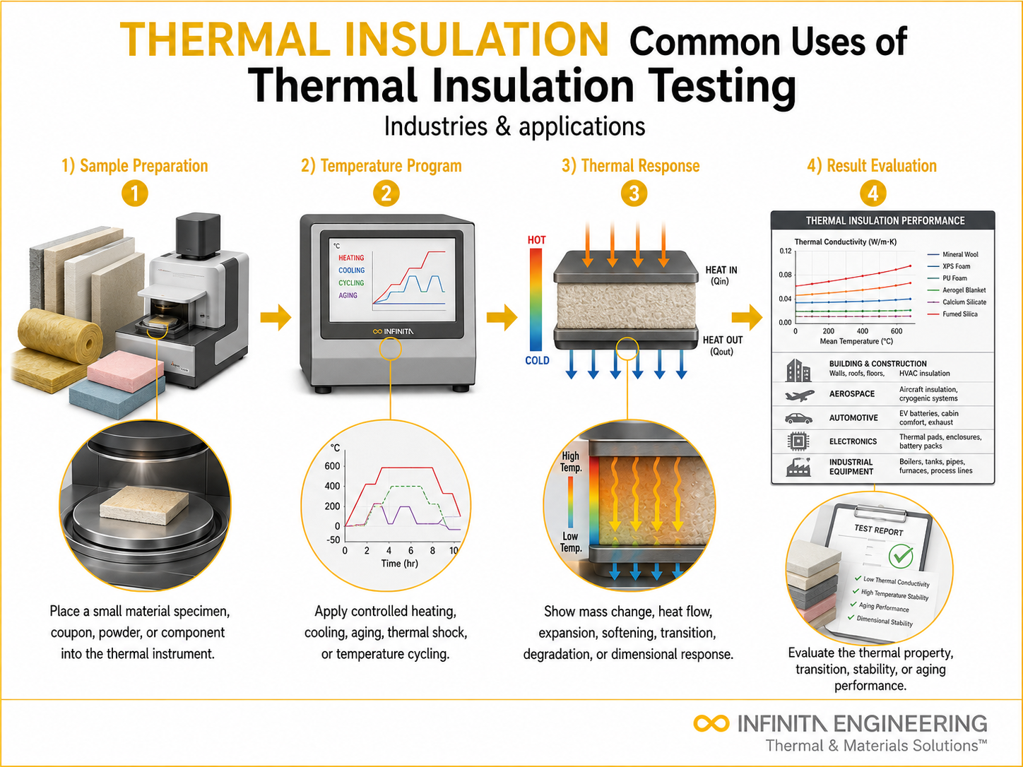 Infinita Engineering Visual showing Common Uses Of thermal analysis / heat testing workflow for common uses of thermal insulation testing: industries & applications.