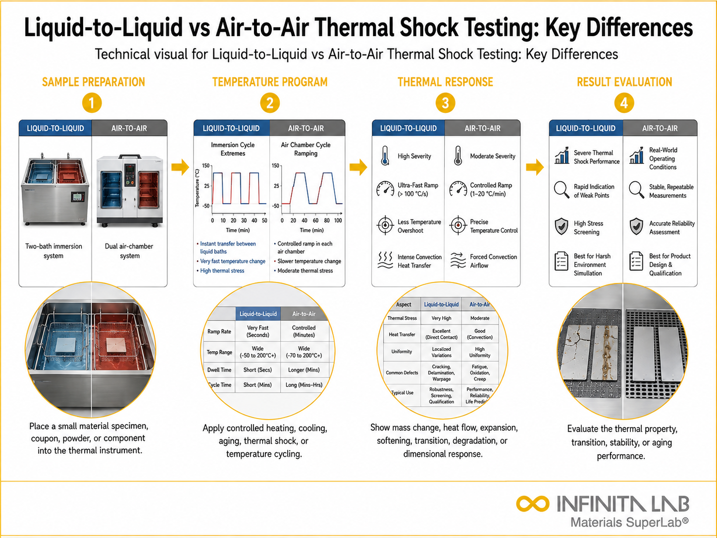 Infinita Engineering Visual showing Liquid To Liquid thermal shock / cycling workflow for liquid-to-liquid vs air-to-air thermal shock testing: key differences.