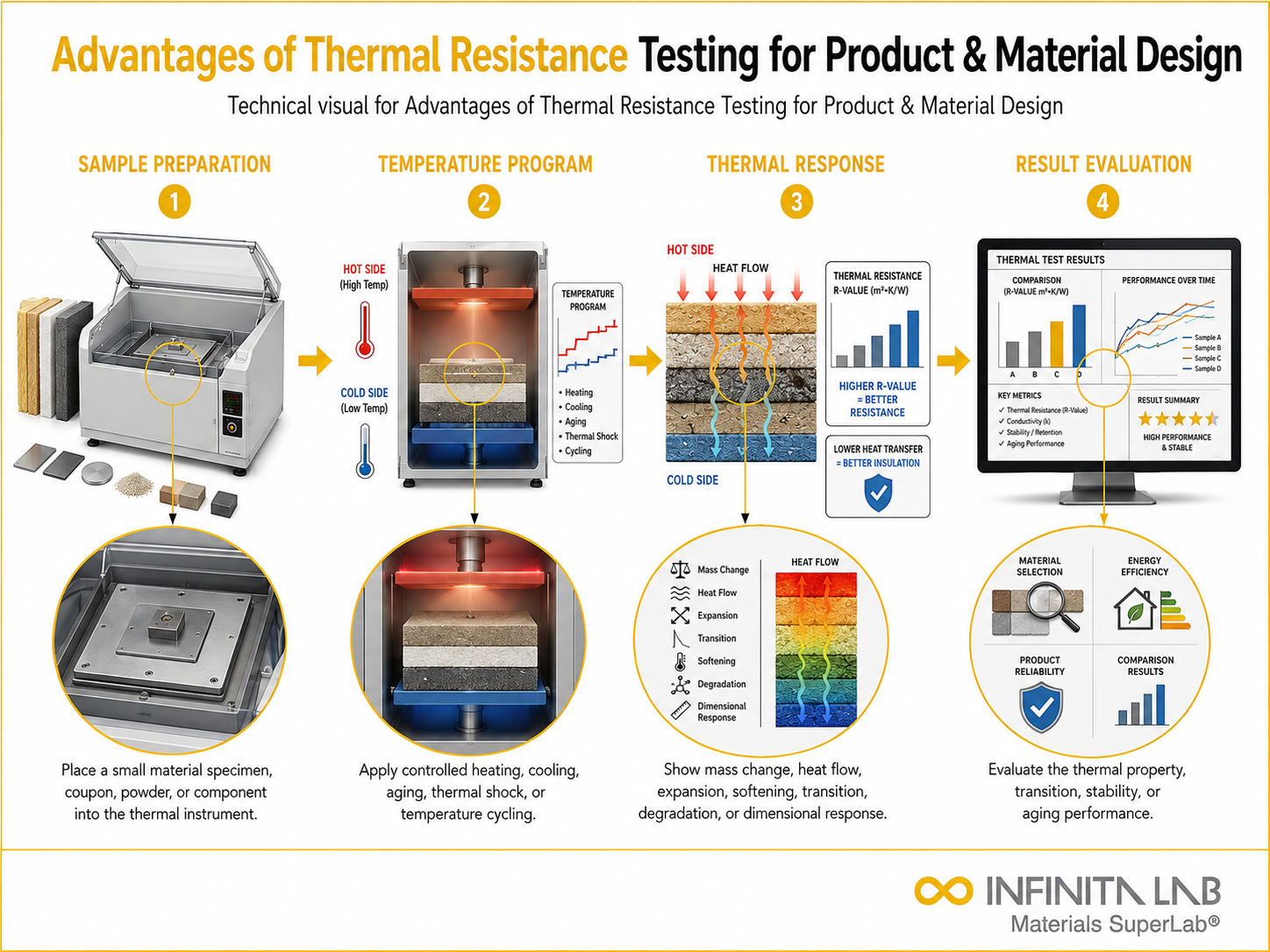 Infinita Engineering Visual showing Advantages Of Thermal thermal analysis / heat testing workflow for advantages of thermal resistance testing for product & material design.