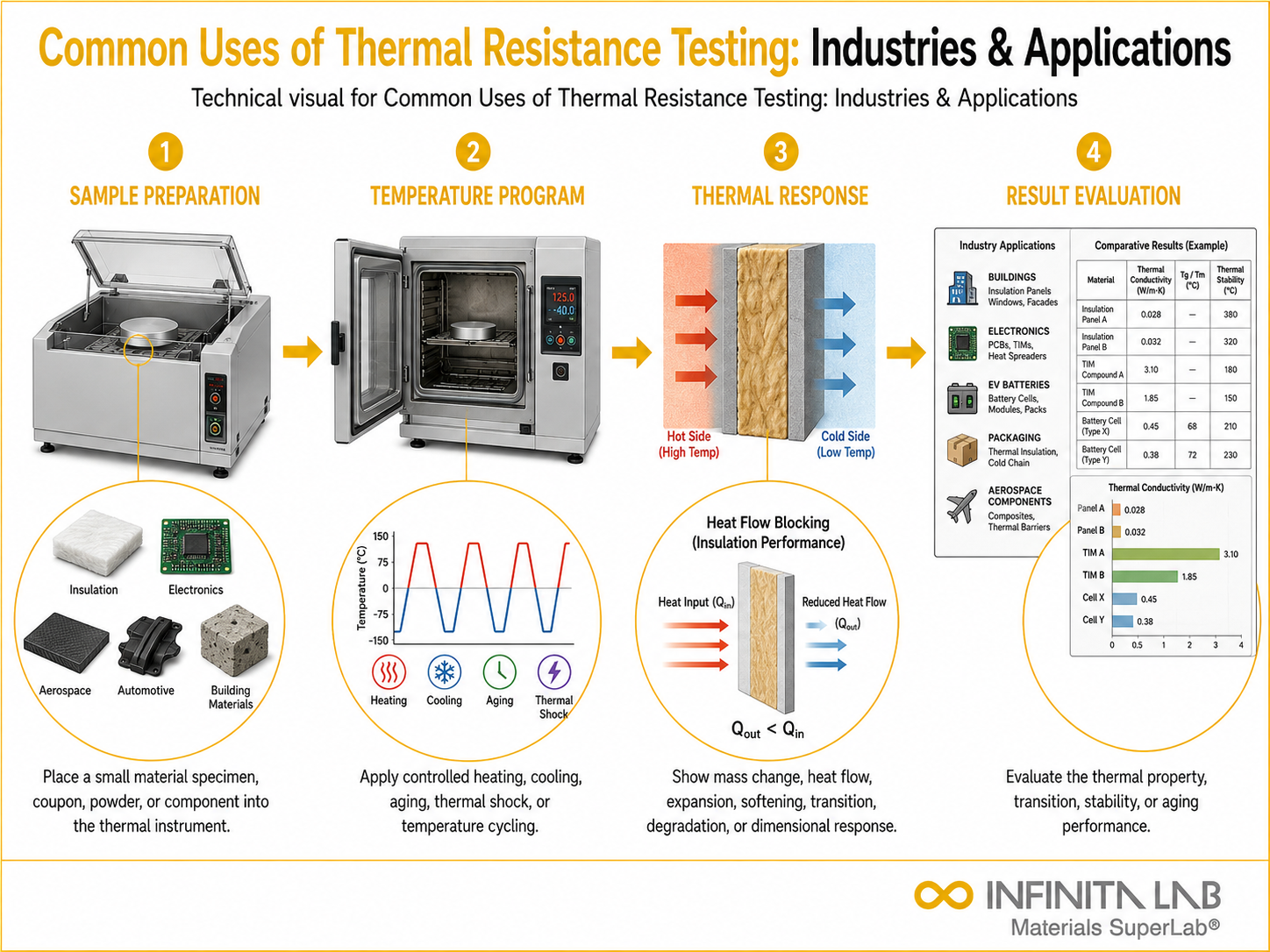 Infinita Engineering Visual showing Common Uses Of thermal analysis / heat testing workflow for common uses of thermal resistance testing: industries & applications.