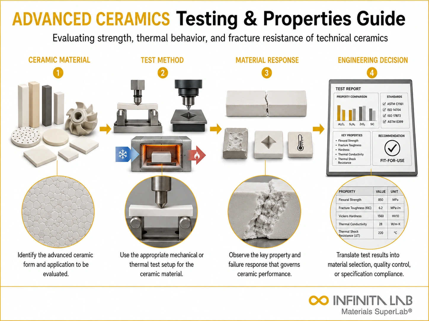 Infinita Engineering Visual showing Advanced Ceramics Testing general testing / industry guide workflow for advanced ceramics testing & properties: key methods & standards guide.