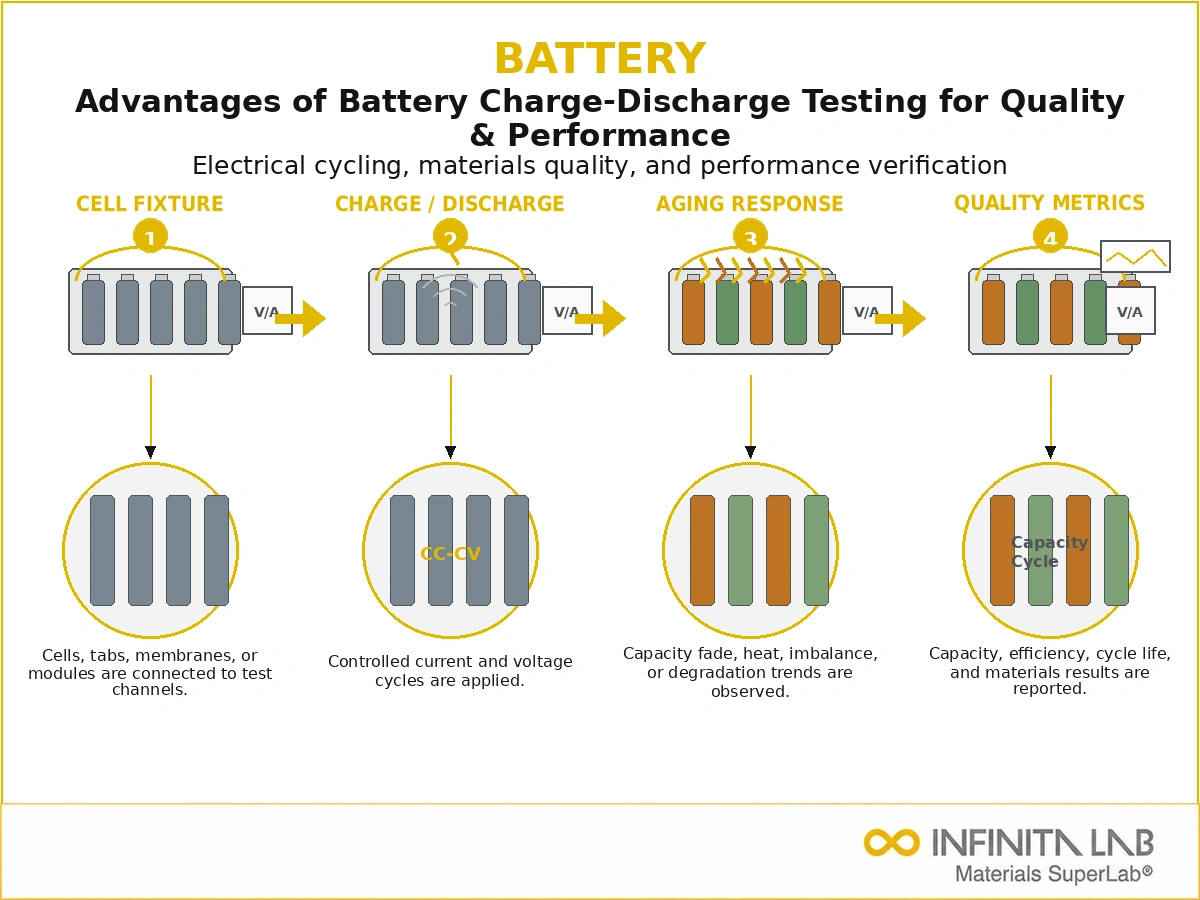 Infinita Engineering Visual showing Advantages Of Battery electrical / electronics reliability workflow for advantages of battery charge-discharge testing for quality & performance.