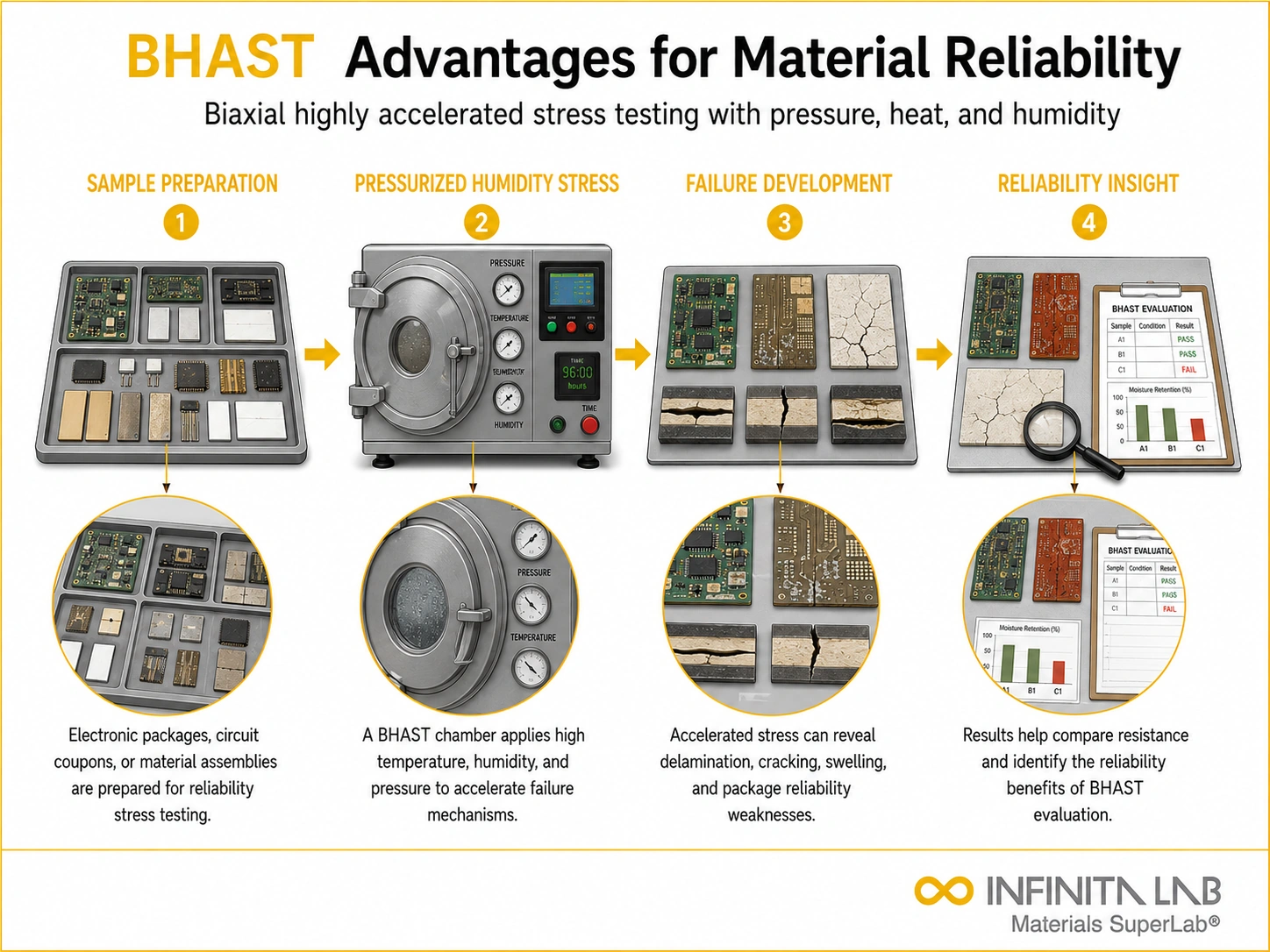 Infinita Engineering Visual showing Advantages Of Biaxial humidity / climatic / reliability exposure workflow for advantages of biaxial hast testing (bhast) for material reliability.