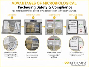 Infinita Engineering Visual showing Advantages Of Microbiological packaging material / package integrity workflow for advantages of microbiological testing of packaging: safety & compliance.