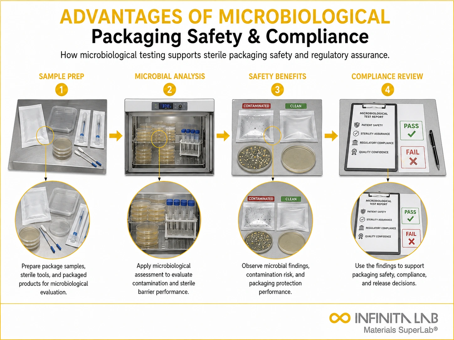 Infinita Engineering Visual showing Advantages Of Microbiological packaging material / package integrity workflow for advantages of microbiological testing of packaging: safety & compliance.