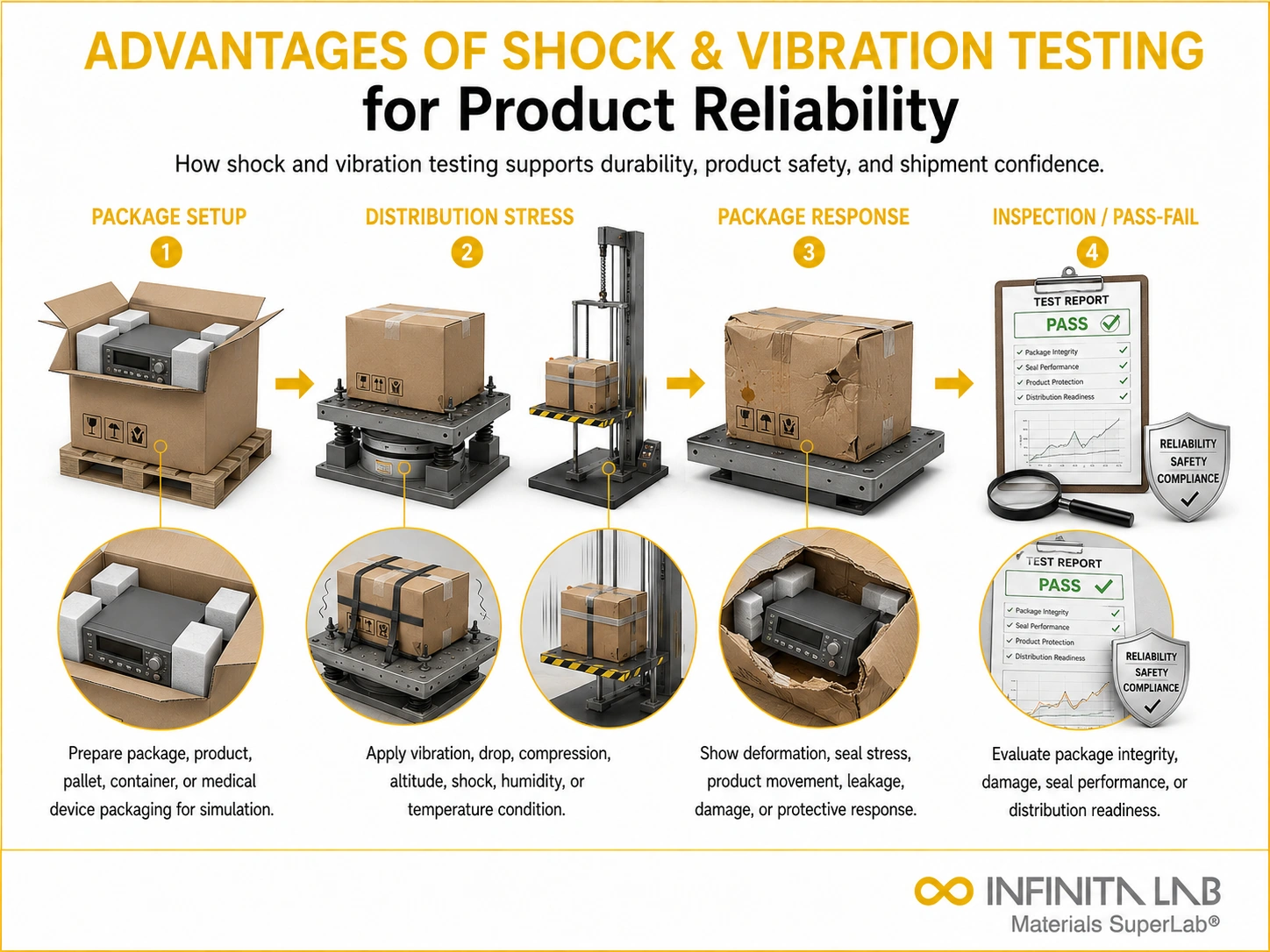 Infinita Engineering Visual showing Advantages Of Shock transport / distribution simulation workflow for advantages of shock & vibration testing for product reliability.