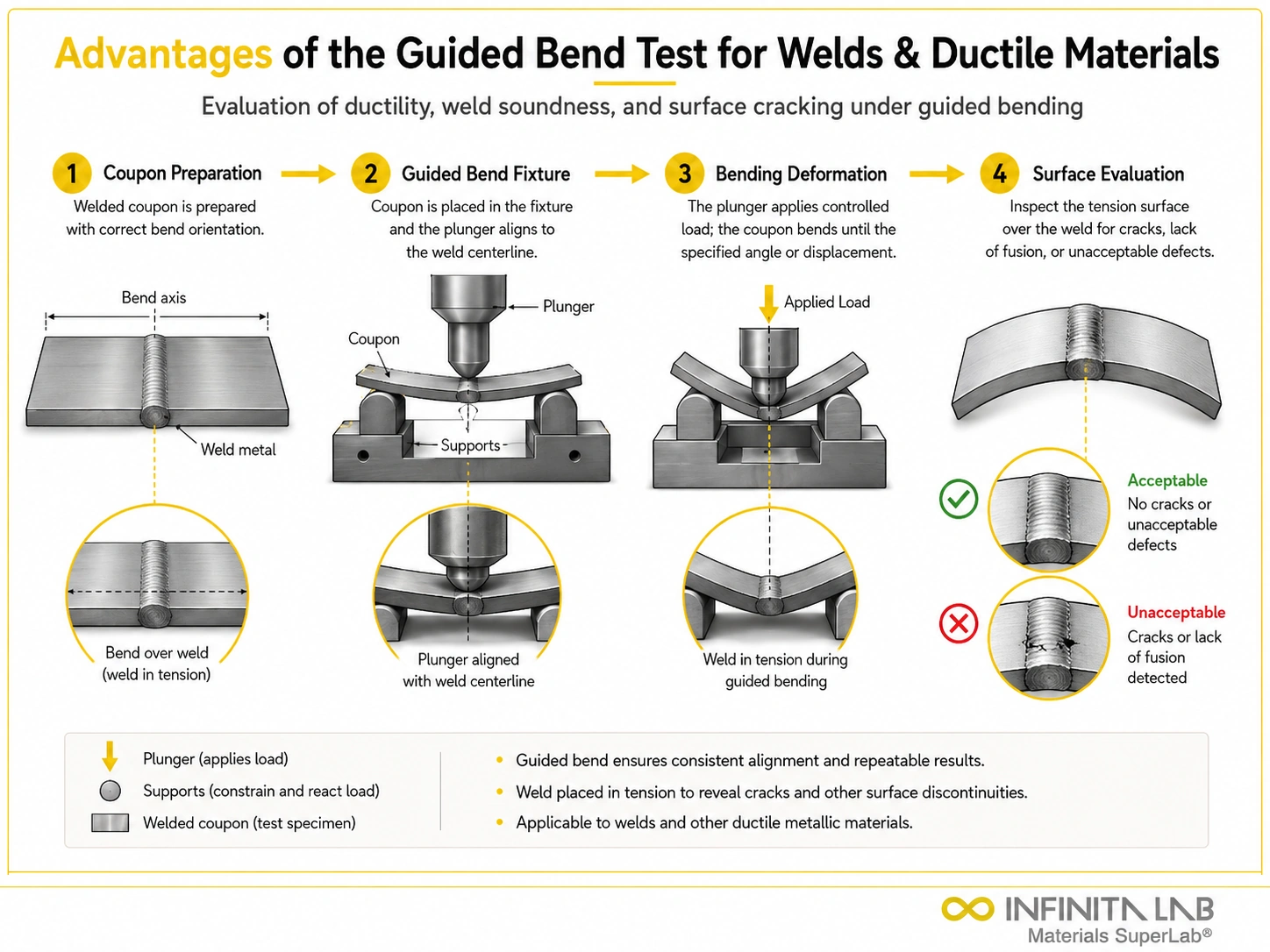 Four-step Infinita Engineering Visual showing advantages of the Guided Bend Test for Welds Ductile Materials with specimen preparation, fixture setup, flexural loading, and results evaluation.